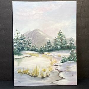 Handpainted Winter Landscape Painting 12x16  Canvas Signed Vtg Original